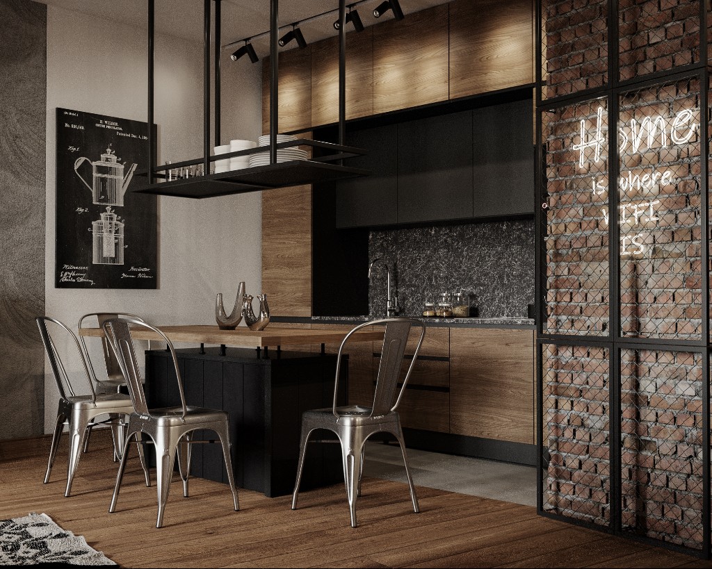 Brick Soft — industrial kitchen with brick and metal mesh