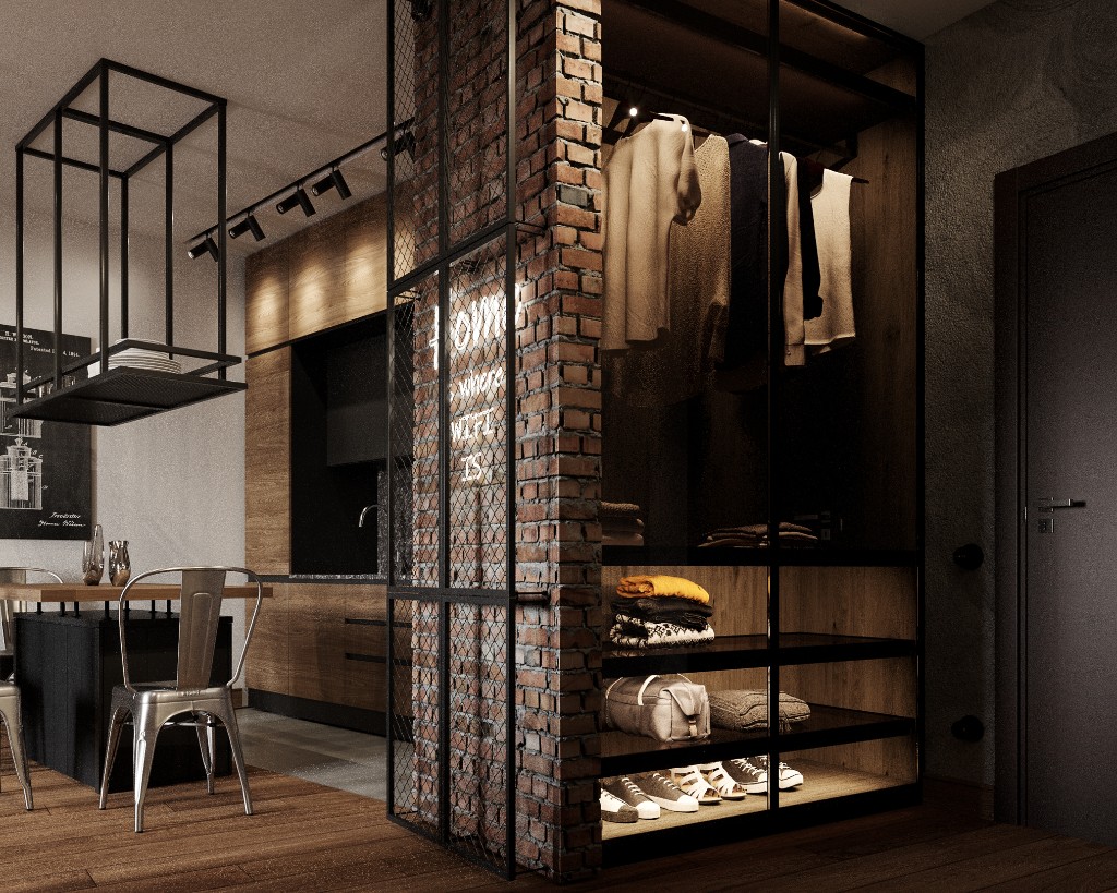 Brick Soft — glass wardrobe and brick column with mesh