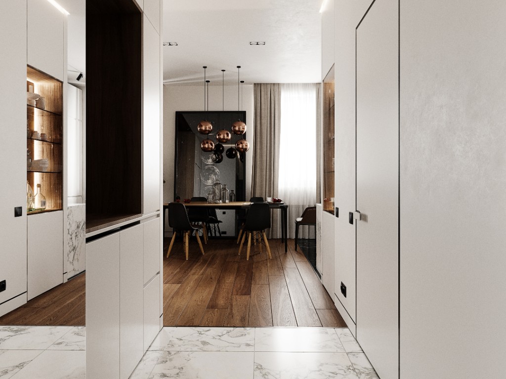 Copper Soft — hallway niche toward copper pendant dining