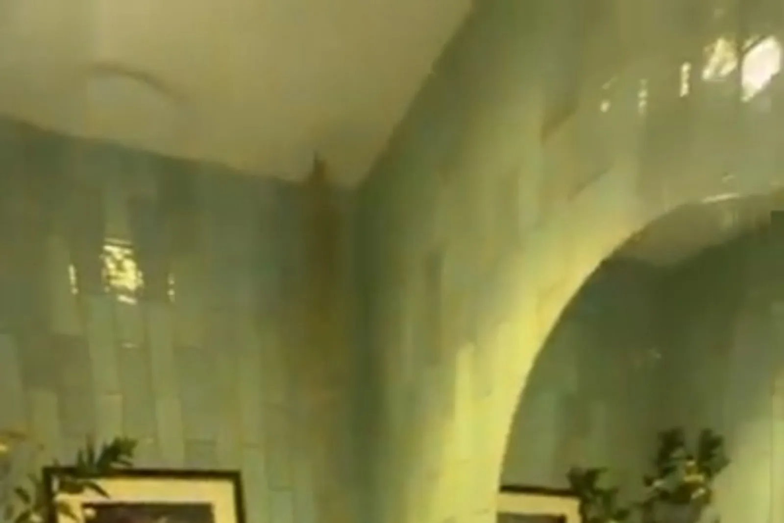 Glaze Soft — seafoam subway powder room with round mirror
