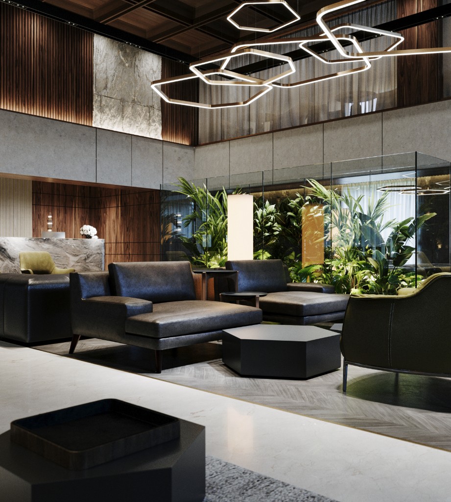 Hex Host — lobby lounge with biophilic glass garden