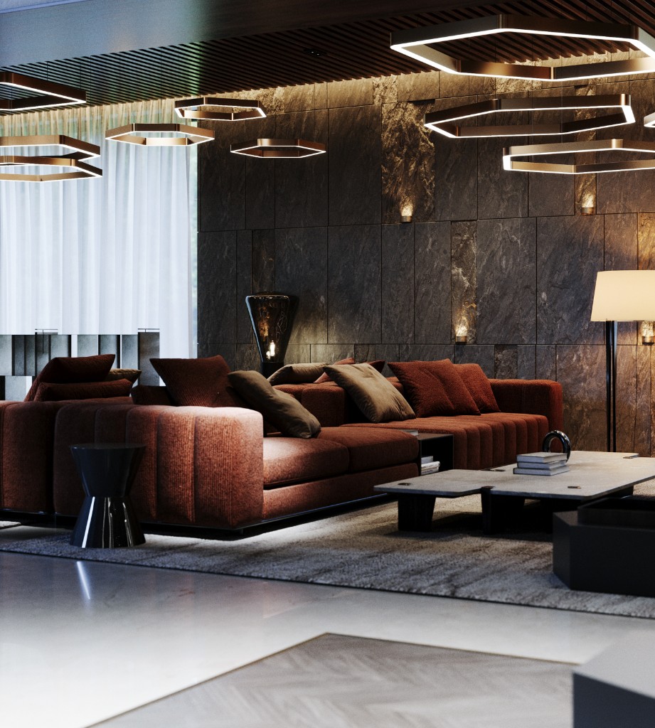 Hex Host — ribbed sofa against stone wall with hexagonal pendants