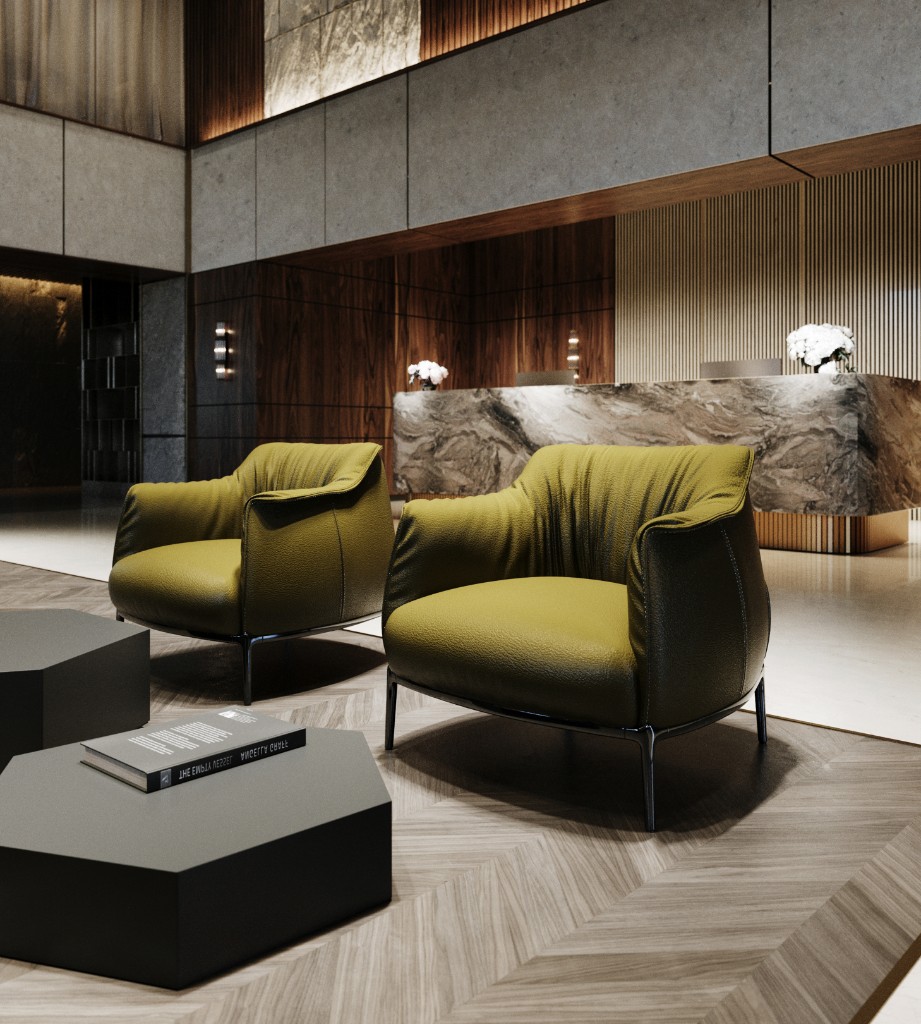 Hex Host — olive seating toward marble reception desk