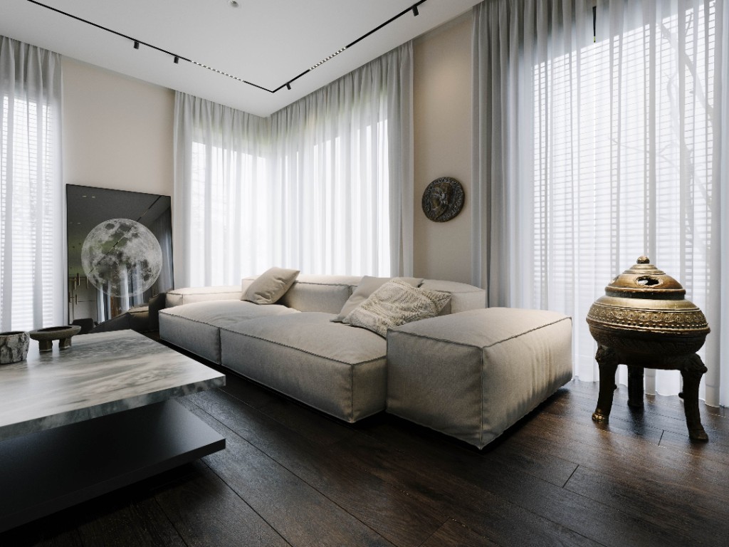 Moon Vein — modular sofa with moon artwork and sheer light