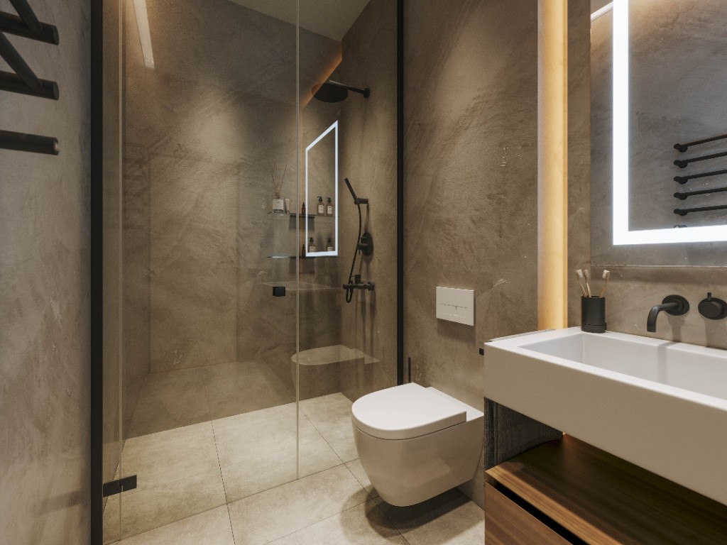 Quiet House — minimal bathroom with matte black fixtures