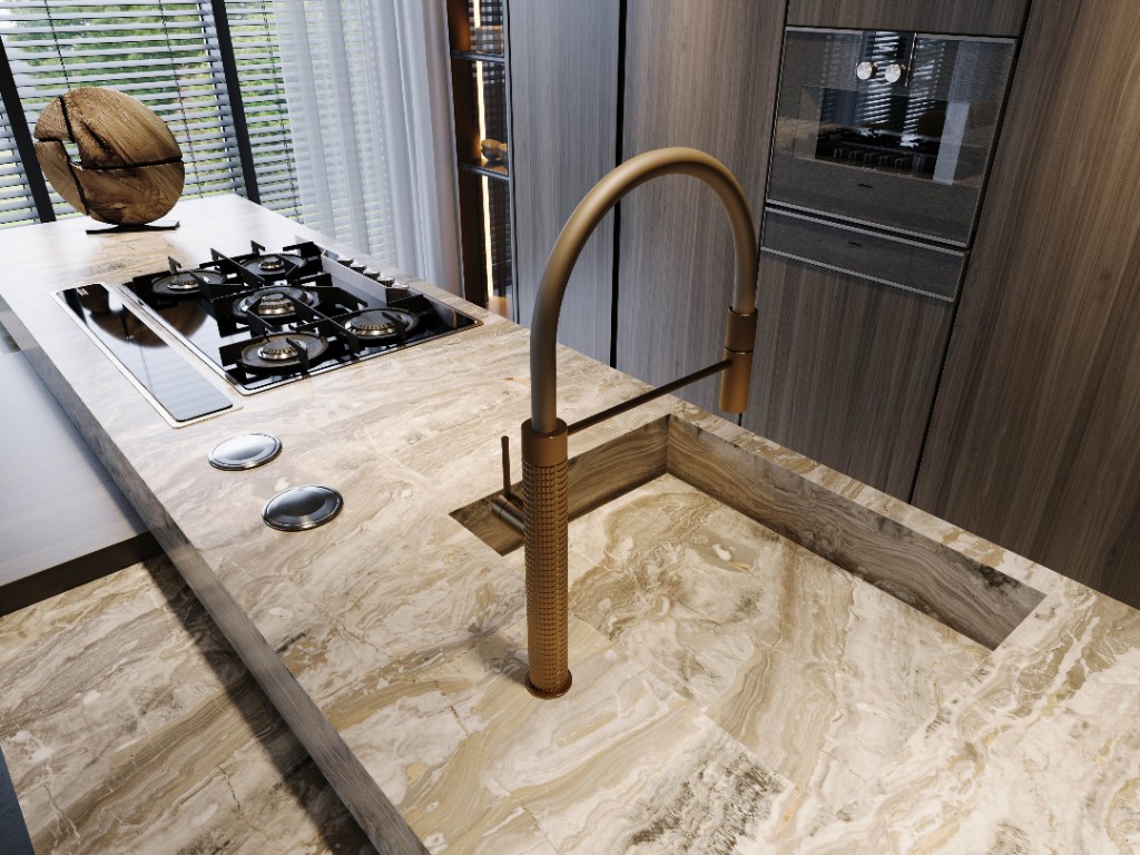 Shade Grove — stone kitchen island with integrated cooktop