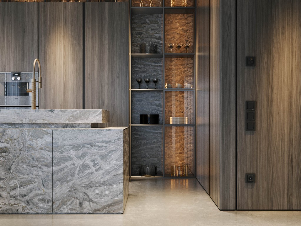 Shade Grove — backlit niche in dark timber millwork