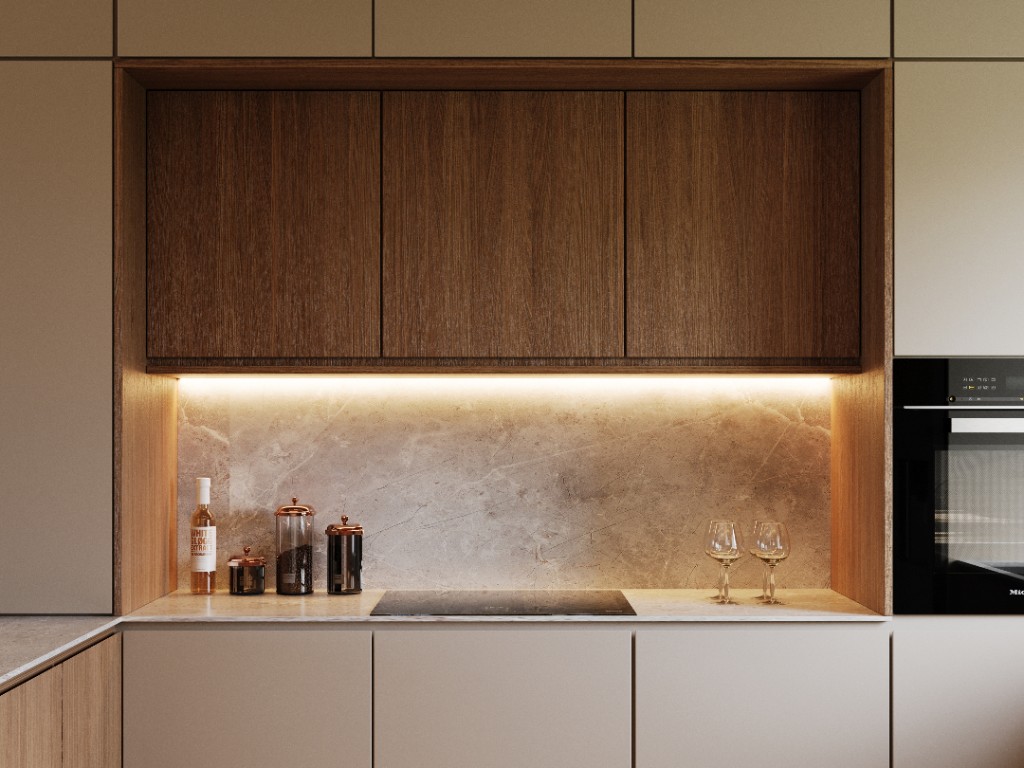 Sun Soft — walnut niche cooktop with under-cabinet light