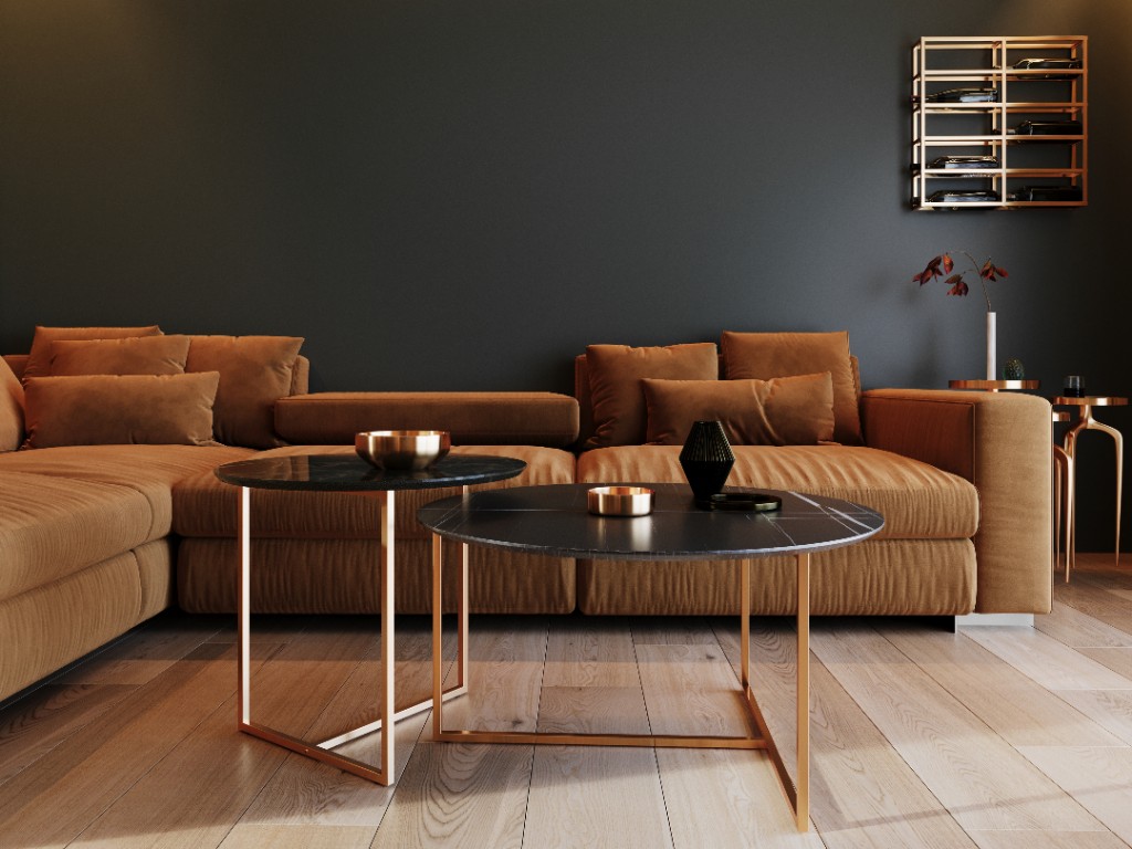 Sun Soft — cognac modular sofa and marble nesting tables