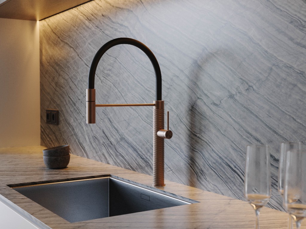 Vein Light — copper and black faucet on veined stone
