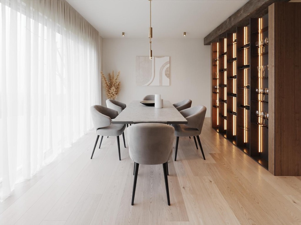 Warm Beam — dining table and backlit wine niche