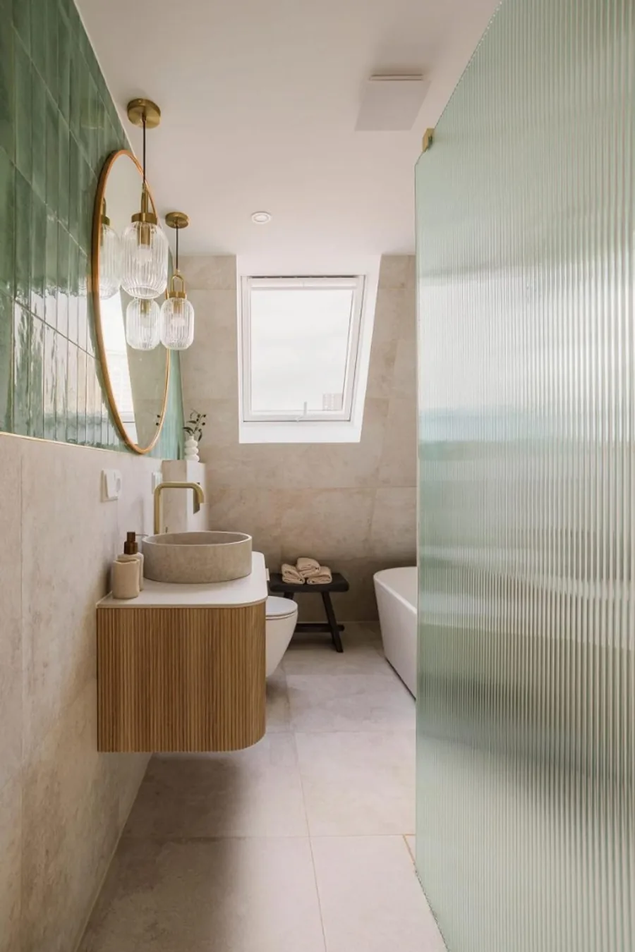 Warm Terrace — spa bathroom with sage tile and brass detail