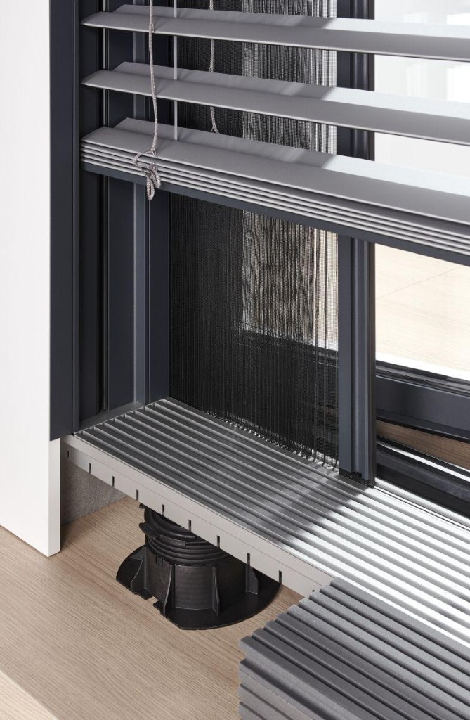 Window threshold with blinds, screen, and drainage grate